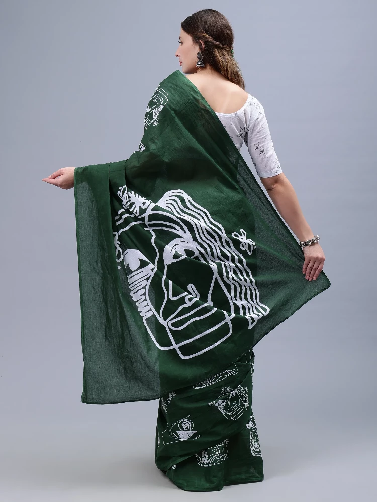 Bottle Green Printed Malmal Cotton Saree-5.webp